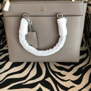 New Tory Burch Gray Heron Robinson Double-Zip Tote.  Shoulder Strap and pouch